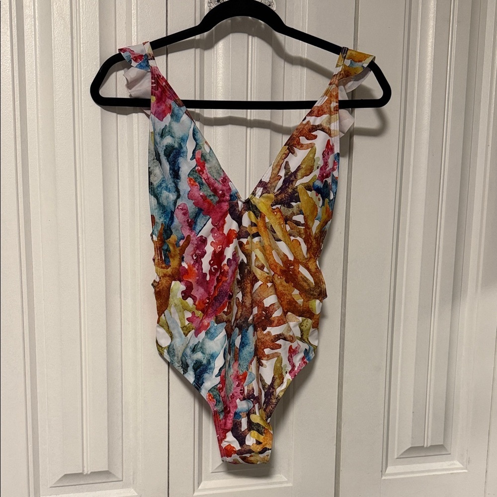 SHEIN medium Multicolor Coral Watercolor One-Piece Swimsuit